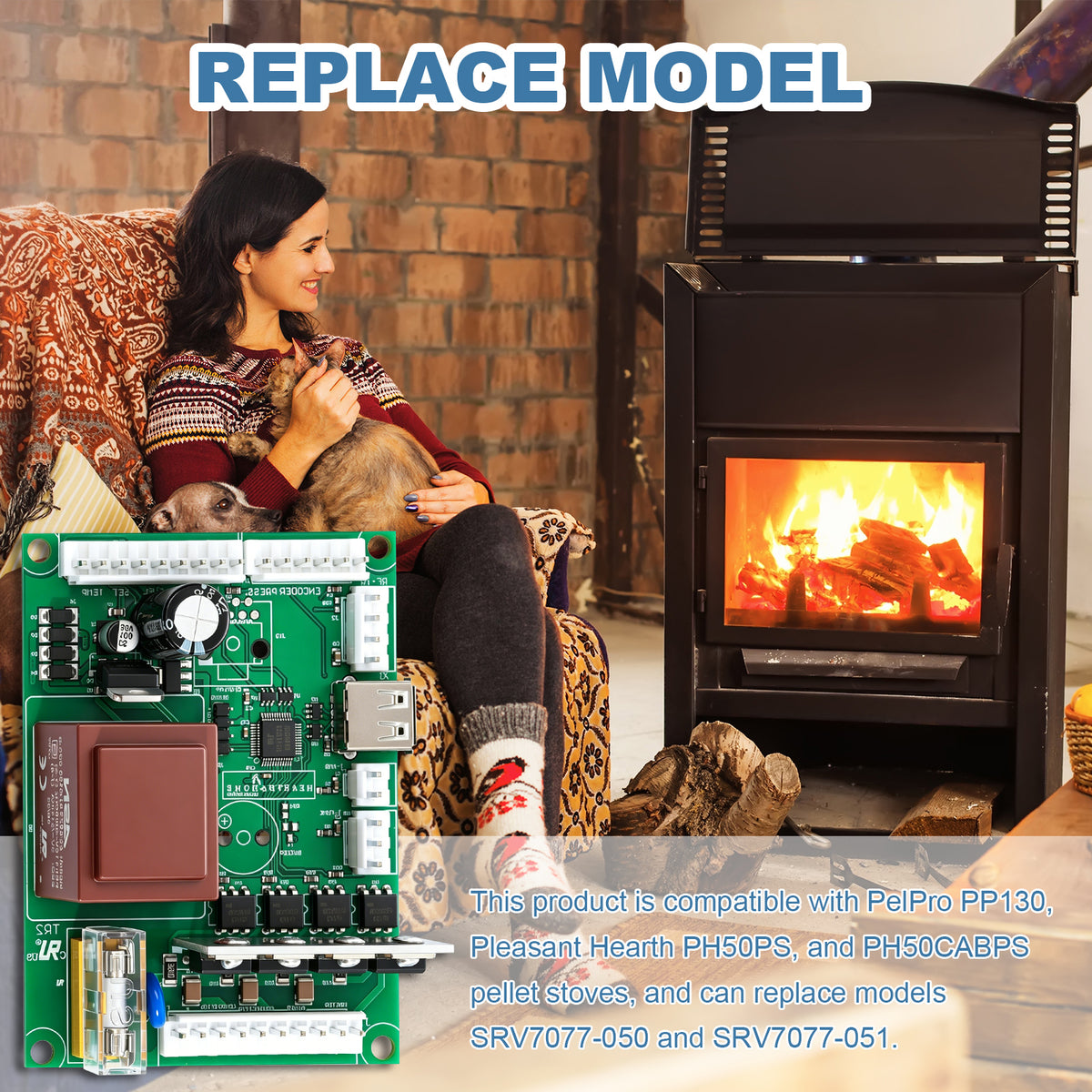 SRV7077-050 Fireplace Circuit Control Board for PelPro, Pleasant Hearth PP130, PH50PS, PH50CABPS